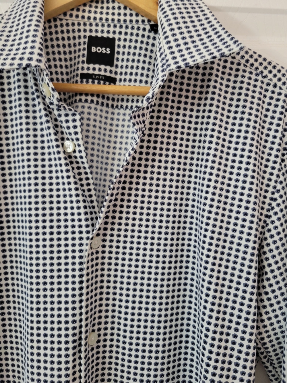 BOSS Hugo Boss Men’s Slim Fit Patterned Dress Shirt Stretch Size M Blue White - Picture 3 of 10